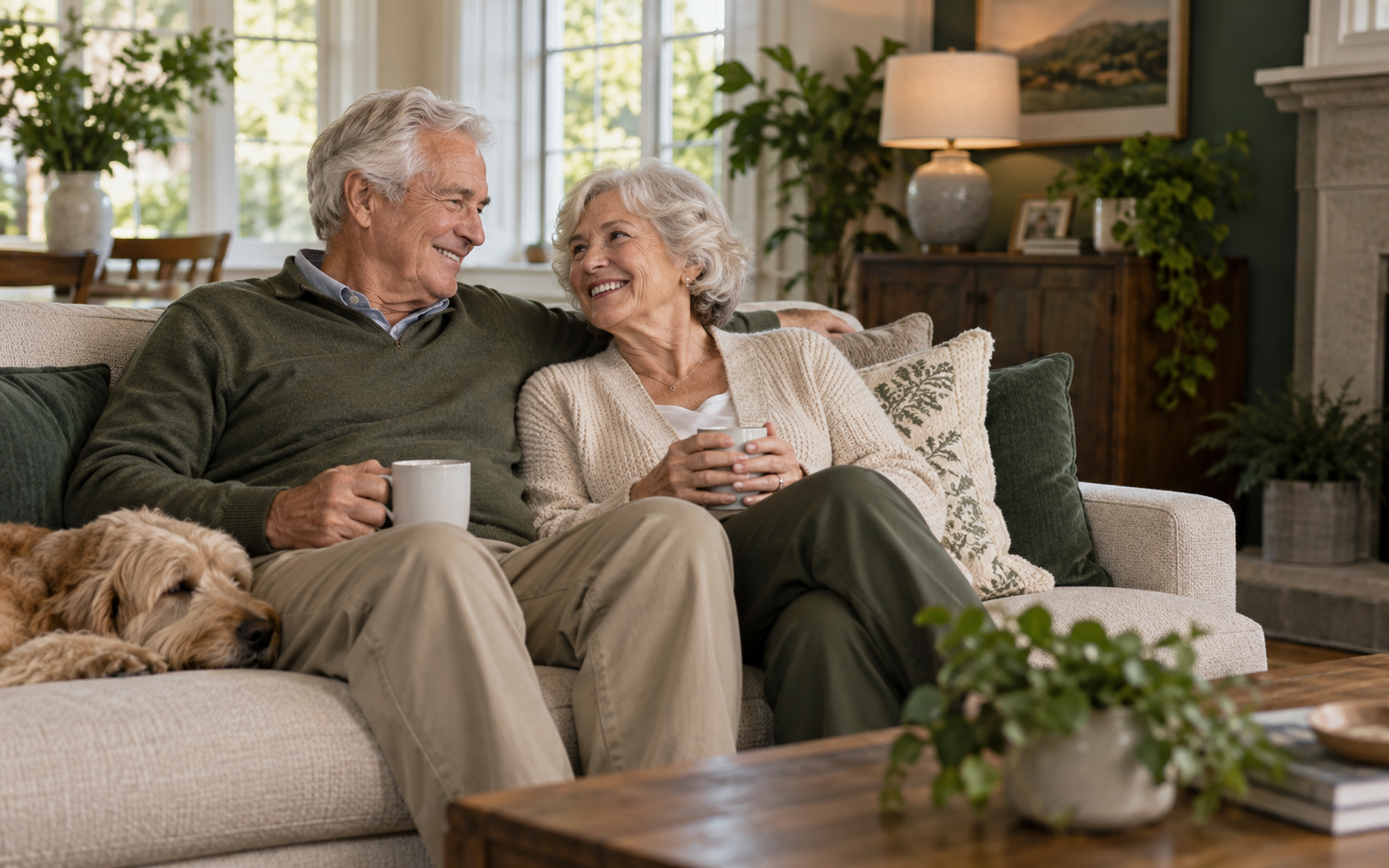 Happy older couple relaxing together in their comfortable home