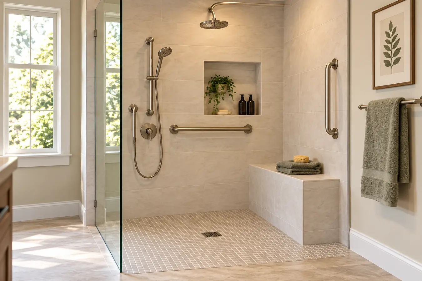 Warm, elegant accessible bathroom with a curbless shower, grab bars and built-in bench