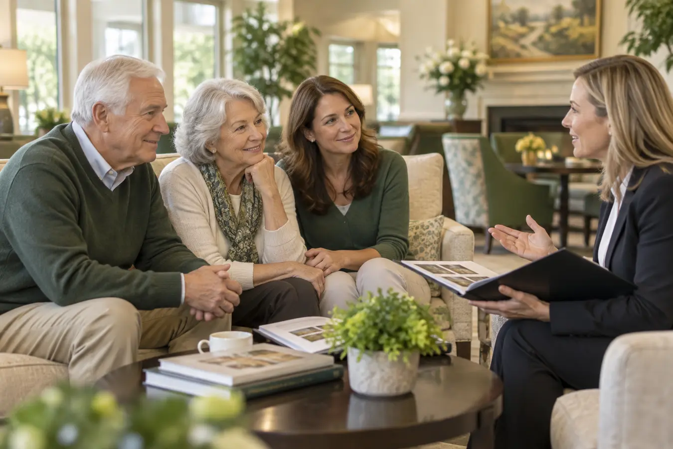 Older couple and their daughter discussing senior living options with a professional advisor