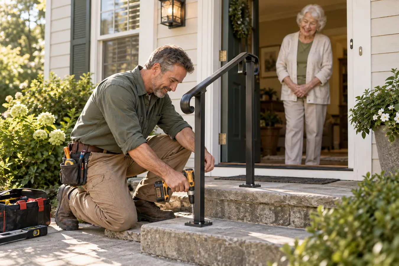 Skilled handyman safely installing a sturdy handrail at an older woman's home