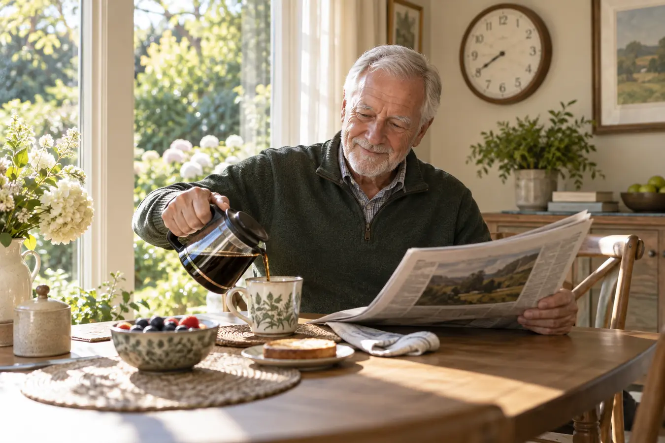 Older man enjoying coffee and the newspaper at his sunny breakfast table