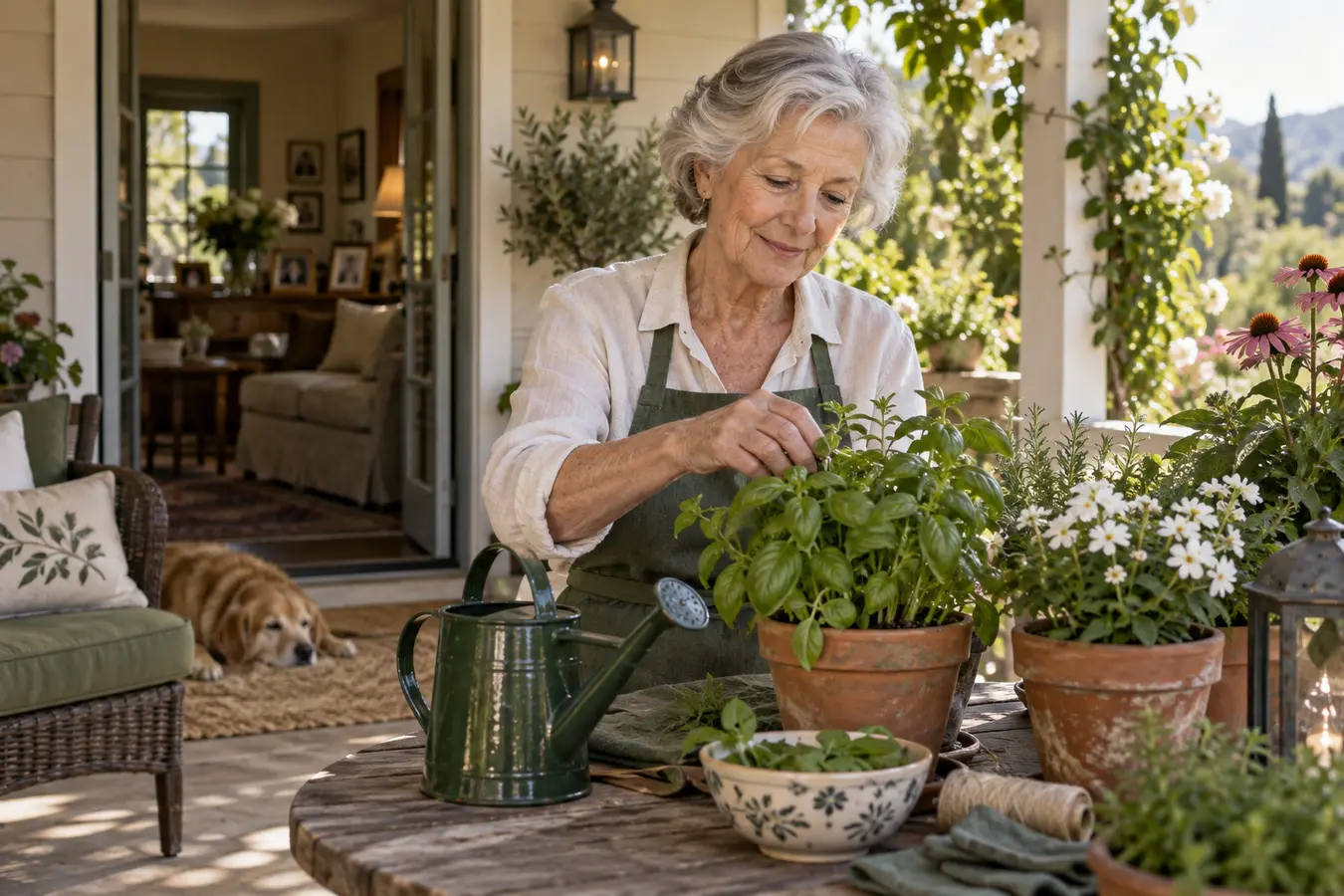 Older woman peacefully tending herbs and flowers on the patio of her longtime home