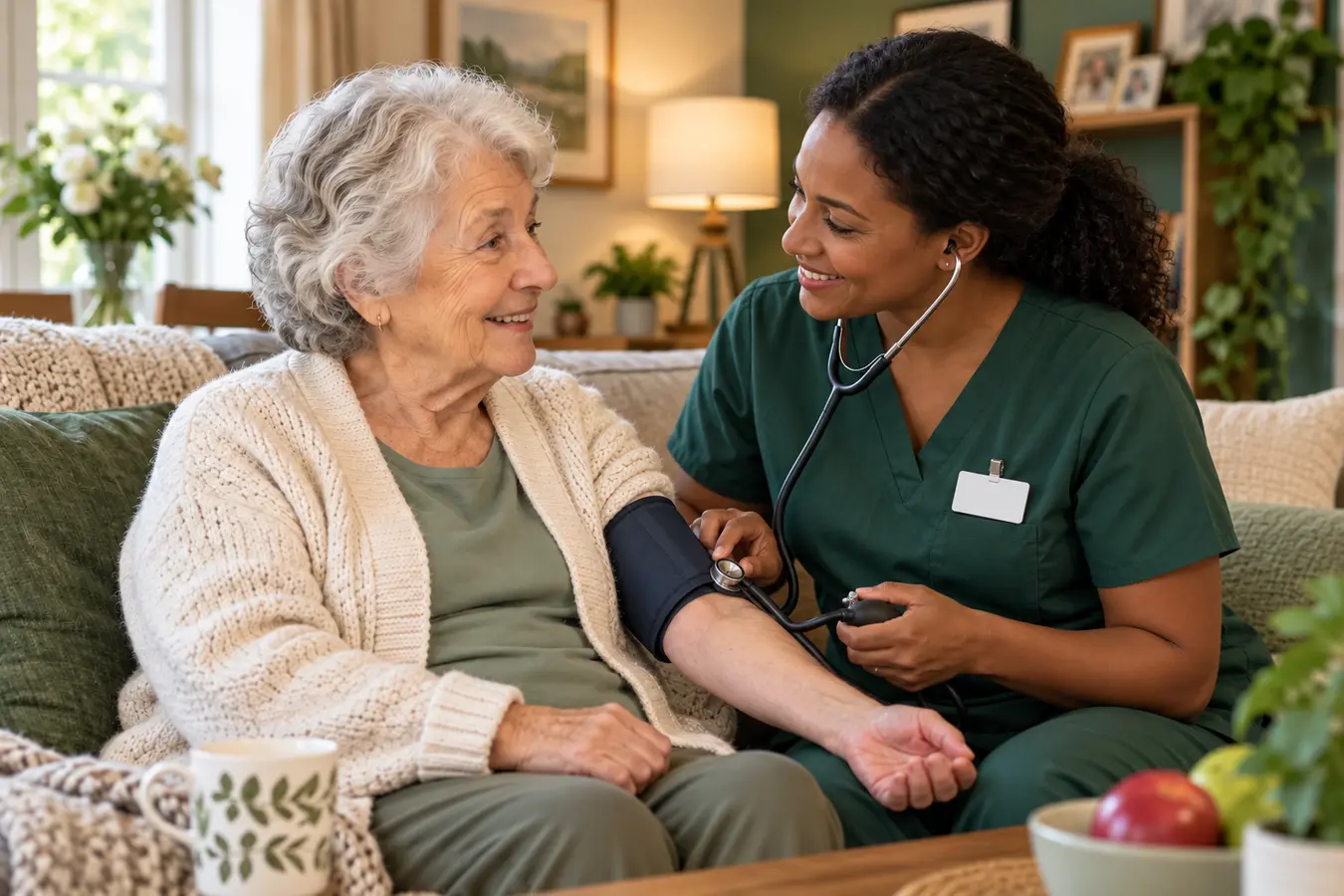 Uniformed home health aide giving an older woman focused one-on-one attention while checking her blood pressure at home