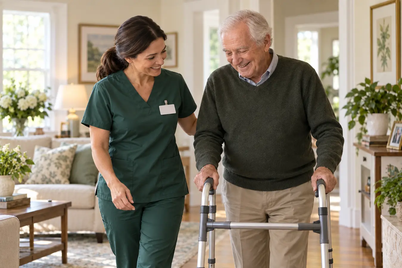 Professional home health aide in uniform walking beside an older man who is safely using a walker